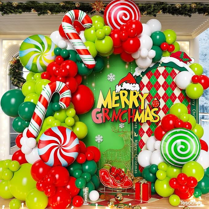 147 Pcs Christmas Balloon Garland Arch Kit with Xmas Red and Green Candy Cane foil Balloons, Red Green White Candy Balloons for for Christmas Party Decorations Birthday Supplies