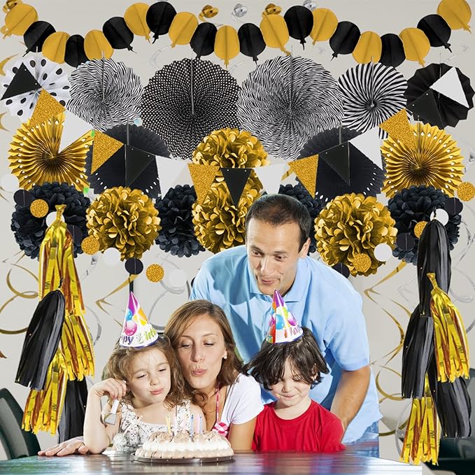 ZERODECO Party Decorations, 41 Pcs Black and Gold Papar Fans Pompoms Garlands String Tissue Paper Tassel for Graduation Congrats Grad New Years Wedding Birthday Party