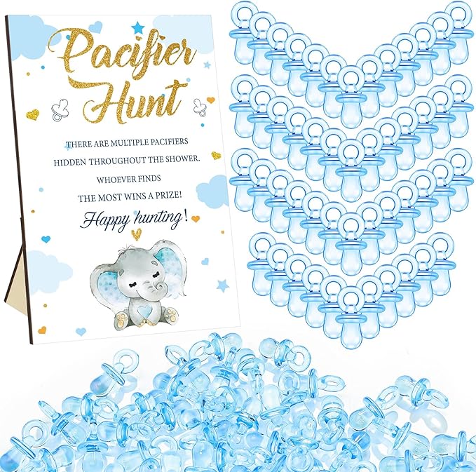 Thyle 51 Pcs Pacifier Hunt Baby Shower Games Include Hunt Sign and 50 Acrylic Pacifiers for Baby Shower Game Decoration Gift Sets Gender Reveal Party Decor(Blue Elephant)