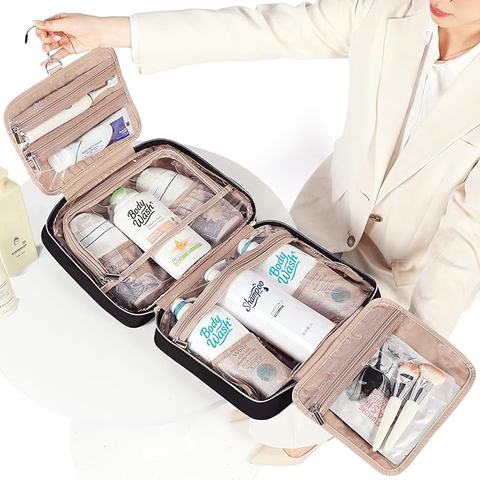NISHEL Travel Toiletry Bag for women, Portable Hanging Organizer for Family-Sized Shampoo, Conditioner, Brushes Set, Makeup Accessories, Extra Large Size, Black