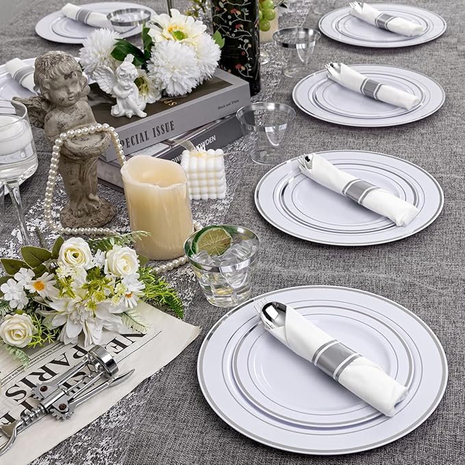 WELLIFE 350-Piece Silver Plastic Dinnerware Set - Disposable 10.25" Dinner Plates, 7.5" Dessert Plates, 9oz Silver Rim Cups & Cutlery for Weddings - 50 Guest Service - Elegant Disposable Silverware