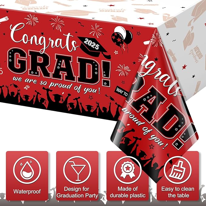 12 Pack Graduation Tablecloth Party Decorations, Class of 2026 Congrats Grad Plastic Tablecover Party Supplies, Red Rectangle Graduation Table Decorations for College High School Party, 54 x 108 Inch