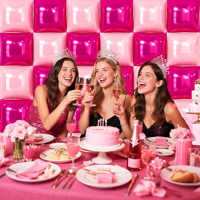 NISOCY 36PCS Hot Magenta Pink Square Foil Balloons Wall Backdrop Double Sided Metallic Pink Balloons Arch Kit for Anniversary Bachelorette Birthday Engagement Bridal Baby Shower Party Decorations