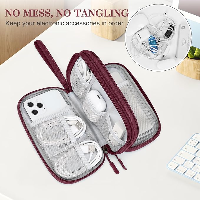 FYY Electronic Organizer, Travel Cable Organizer Bag Pouch Electronic Accessories Carry Case Portable Waterproof Double Layers All-in-One Storage Bag for Cable, Cord, Charger, Phone, Earphone Wine Red