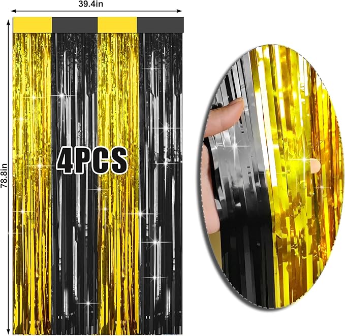 4 Packs Black and Gold Foil Fringe Curtain, Black Gold Metallic Tinsel Backdrop for Birthday, Wedding, Graduation Decorations 2025, Anniversary, Retirement Party Decorations Supplies