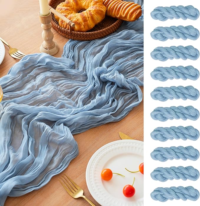 FEXIA 10 Pack Dusty Blue Gauz Table Runner 35x120 Inches Gauze Table Runner for Bridal Shower Wedding Party First Communion Centerpiece Engagement Boho Table Decoration (Dusty Blue)