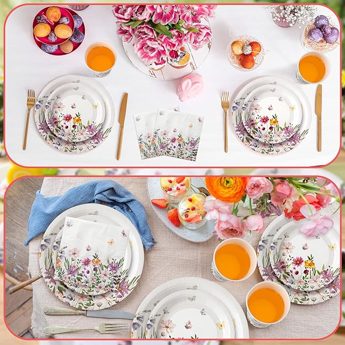 Hsei 250 Pcs Spring Wildflower Party Decoration Baby Shower Disposable Tableware Sets Birthday Supplies Serves 50 Guests Disposable Plates Napkins and Cups for Baby Bridal Shower Birthday Party