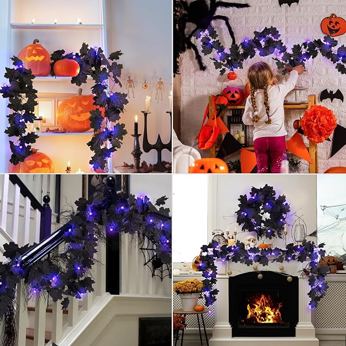 RECUTMS Artificial Maple Leaves with Lights 5.7Ft Fall Hanging 30 Bulbs The Leaf Black for Garland Outdoor Indoor