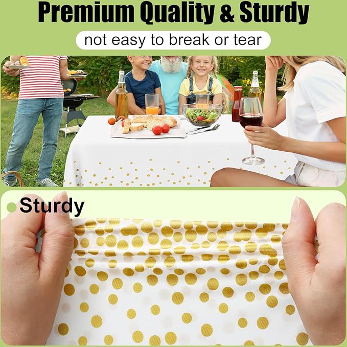 Smiry Disposable Table Cloth - 15 Pack, 54 x 108 Inch Waterproof Rectangle Tablecloths for New Years, Decorative Plastic Table Cover, Leakproof & Sturdy, White & Gold