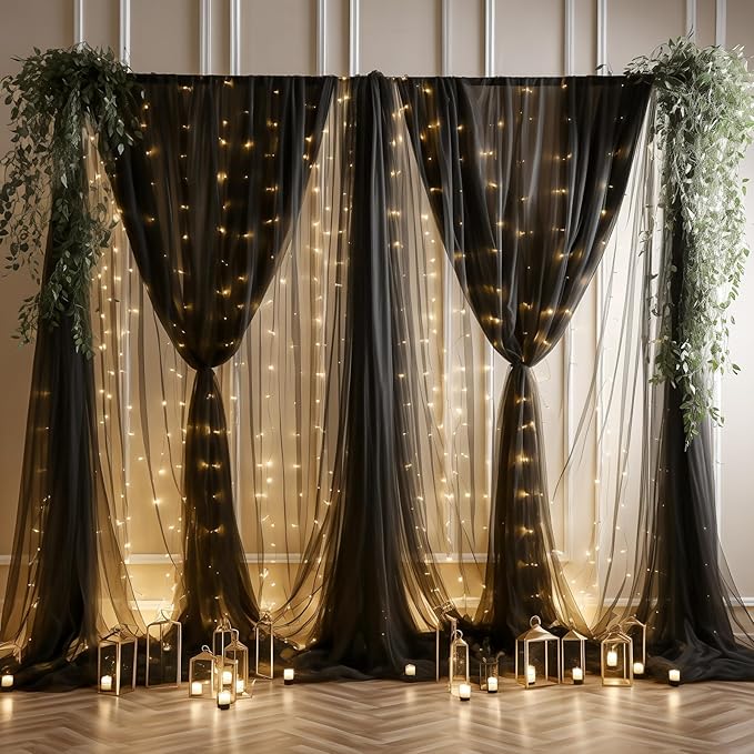20ft x 10ft Black Backdrop Curtain with Lights String for Parties, Sheer Tulle Wedding Photo Backdrops Drapes for Baby Shower Birthday Party Decorations Background for Photography