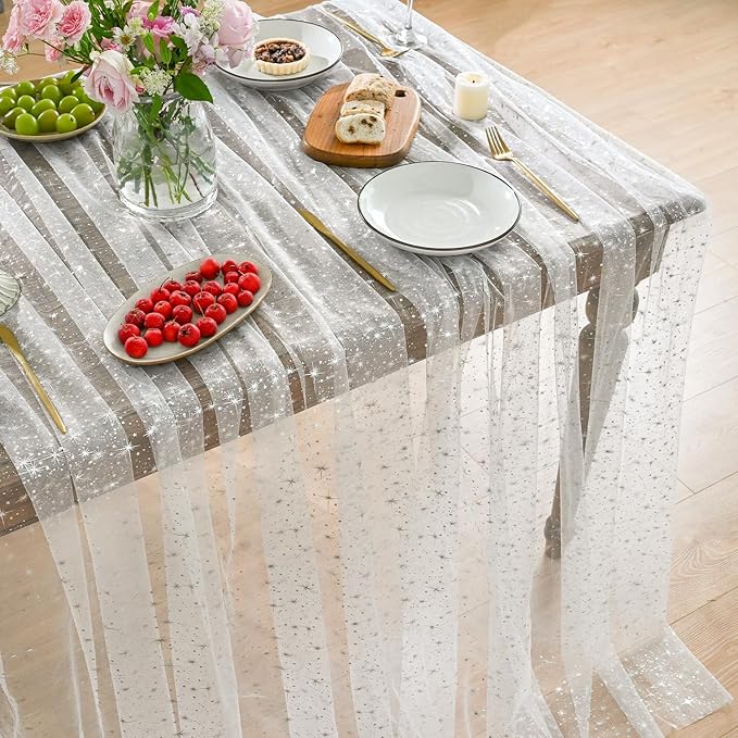 Horaldaily White Silver Sparkling Star Gauze Tablecloth 60x140 Inch Rectangular, Silver Star Sequin Glitter Metallic Foil, Sheer Tulle Cheesecloth for Wedding Baby Shower Party