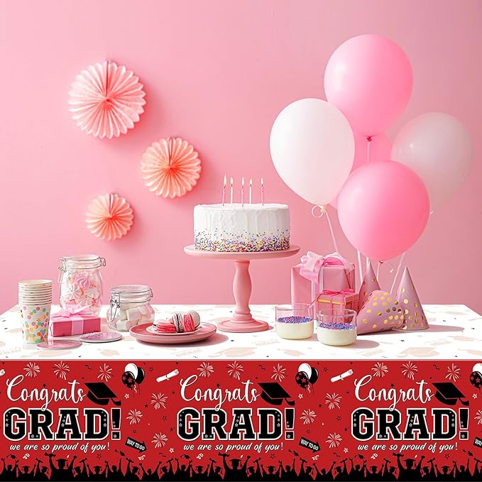 6 Pack Graduation Tablecloth Party Decorations, Class of 2026 Congrats Grad Plastic Tablecover Party Supplies, Red Rectangle Graduation Table Decorations for College High School Party, 54 x 108 Inch