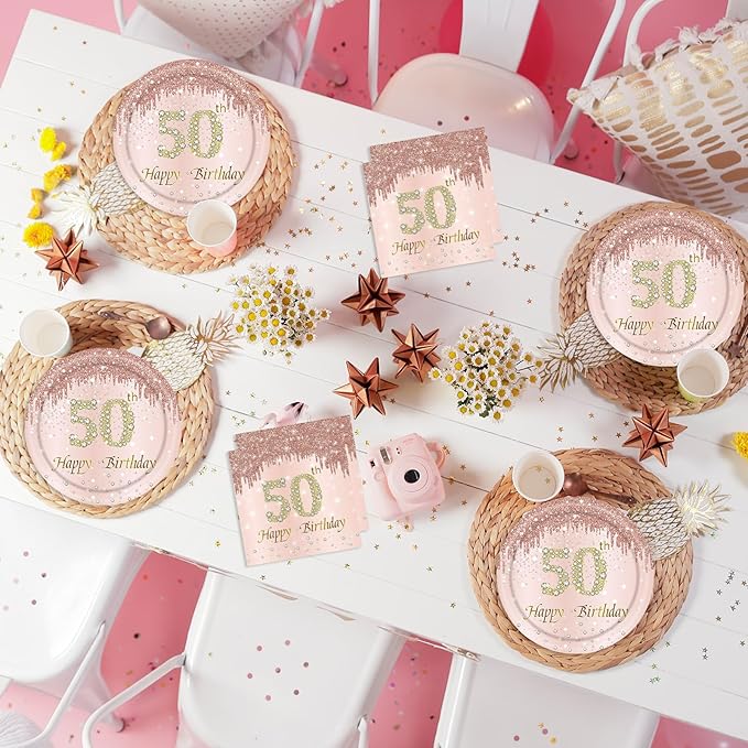 50th Rose Gold Birthday Plates and Napkins, 9 Inch Pink Rose Gold Disposable Dinner Dessert Plates Happy 50th Birthday Party Supplies Decorations for Girls Women