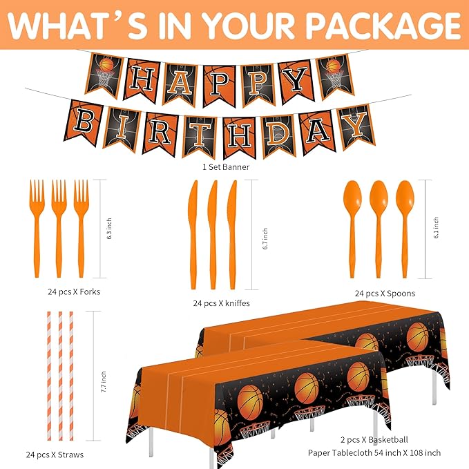 Basketball Party Decorations Tableware - Sports Theme Basketball Birthday Party Supplies, Paper Plate, Cup, Napkin, Tablecloth, Disposable Cutlery, Banner | Serves 24