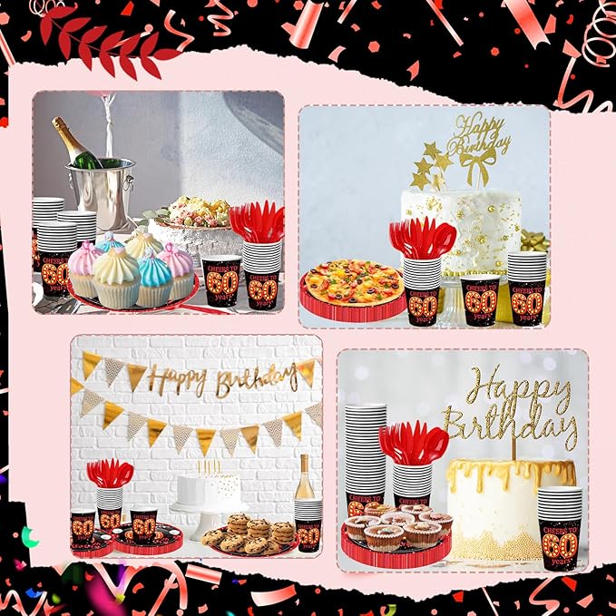 240 Pcs 60th Birthday Decorations 1966 Birthday Party Tableware Include Plates Napkins 9oz Cups Cutlery 60th Anniversary Party Supplies for Men Women Him Her, Serve 30 Guests (Black Red)