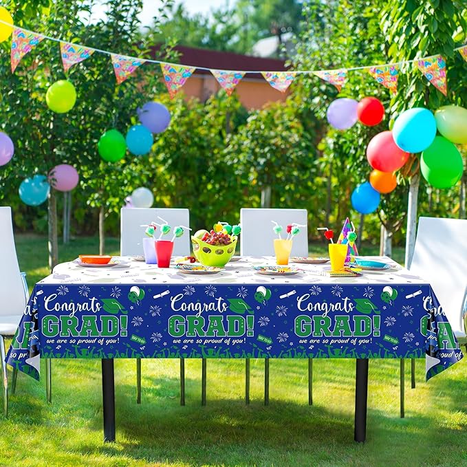 3 Pack Graduation Tablecloth Party Decorations, Class of 2026 Congrats Grad Plastic Tablecover Party Supplies, Blue and Green Rectangle Graduation Table Decor for College High School Party, 54x108Inch
