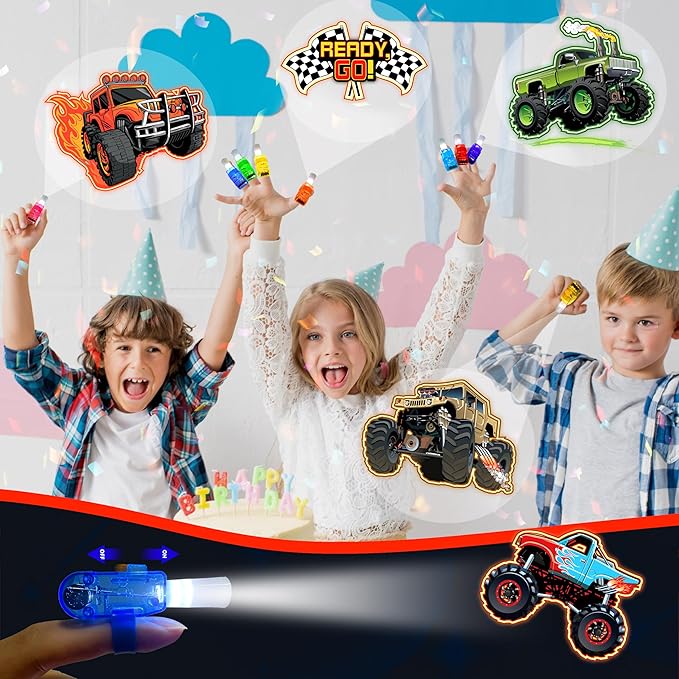 24PCS Monster Truck Party Favors-LED Finger Lights：Glow-in-the-Dark Light-Up Toys Bulk for Kids,Monster Jam Birthday Party Decorations Supplies, Party Goodie Bags, Classroom Prizes, Fun Gifts