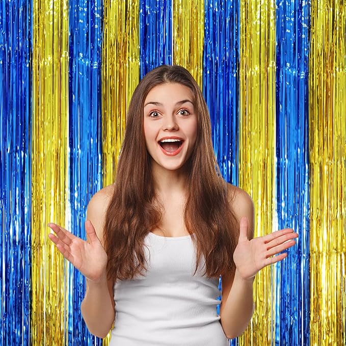 2 Pack Blue Gold Foil Fringe Backdrop Curtains, Graduation Tinsel Streamers Party Decorations, Fringe Backdrop, Door Shimmer for Birthday Party