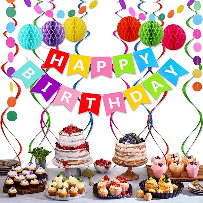 Happy Birthday Banner, Rainbow Birthday Banner, 6 Honeycomb Balls, 8 Metallic Hanging Swirls and Circle Parper Garland, Happy Birthday Decorations