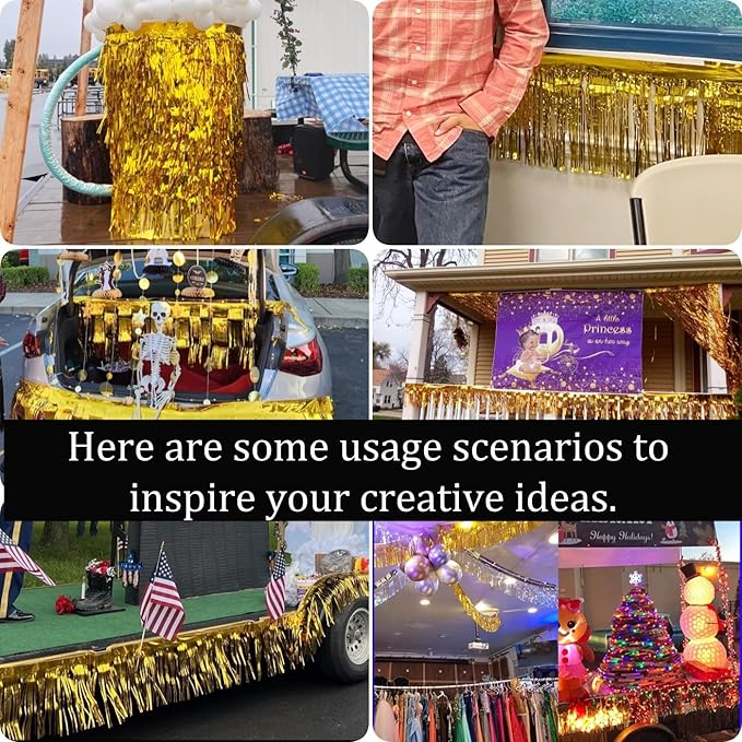 3 Pack Total 30 Feet Foil Fringe Garland Lilac Gold Metallic Wall Hanging Drapes Tassel Skirting Iridescent Gold Tinsel Streamers for Parade Float Trailer Mardi Gras Party Birthday Wedding