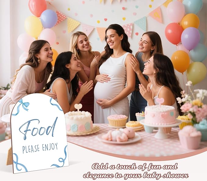Blue Bow Food Please Enjoy Sign for Baby Shower, 6x8 Inch Arch Wooden Sign with Stand, Blue Baby Shower Table Sign, Gender Neutral Party Decoration - QW11