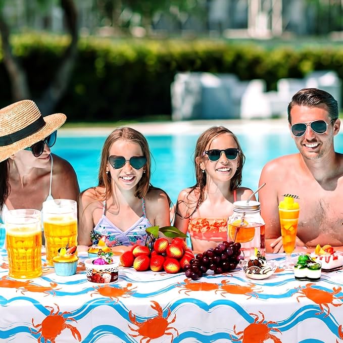 Juexica 4 Pcs 54 x 108 Inch Crab Boil Party Table Cloth Summer Seafood Party Supplies Plastic Crab Tablecover Decorations Rectangular for Sea Animals Dining Kitchen Centerpiece (Blue Waves Style)