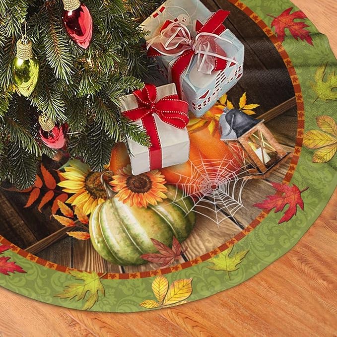 Fall Maple Leaf Christmas Tree Skirt Xmas Tree Mat Halloween Christmas Tree Ornaments Decorations Holiday Party Indoor Outdoor 30"
