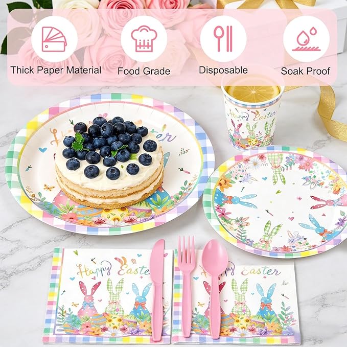 168PCS Happy Easter Plates and Napkins Forks Sets - Disposable Spring Flowers Paper Plates Set Colorful Eggs Themed Round Tableware for Easter Party Supplies Favors Table Decor(Serves 24)