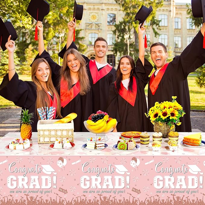 12 Pack Graduation Tablecloth Party Decorations, Class of 2026 Congrats Grad Plastic Tablecover Party Supplies, Pink Rectangle Graduation Table Decorations for College High School Party, 54 x 108 Inch