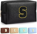 TOPEAST Initial Cosmetic Bag for Women, Preppy Small Makeup Bag, PU Leather Waterproof Toiletry Bag, Monogrammed Birthday Gifts for Women, Stuff for Girls (Black S)