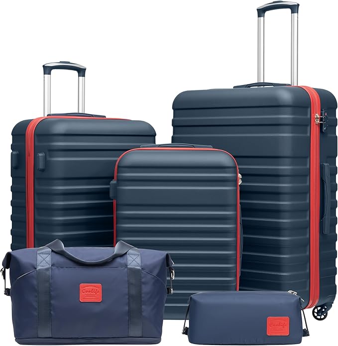 Coolife Suitcase Set 5 Piece Luggage Set Carry On Hardside Luggage with TSA Lock Spinner Wheels (Navy+Red, 5 piece set)