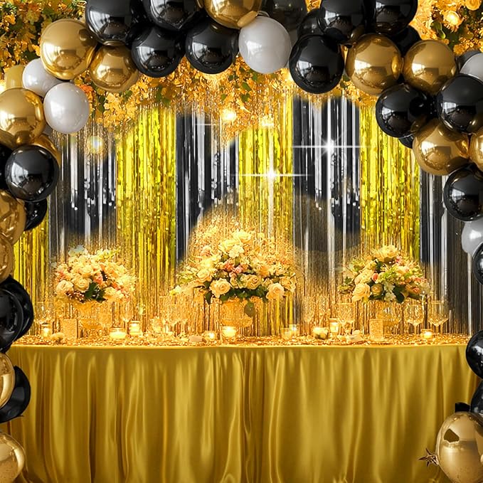 4 Packs Black and Gold Foil Fringe Curtain, Black Gold Metallic Tinsel Backdrop for Birthday, Wedding, Graduation Decorations 2025, Anniversary, Retirement Party Decorations Supplies