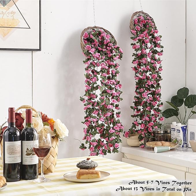 6 Pcs x 8.2 ft Flower Garland Artificial Rose Vine Flowers with Green Leaves Hanging Fake Roses Vine for Room Party Home Wedding Birthday Christmas Wall Arch Decor, Spring Magenta Flower