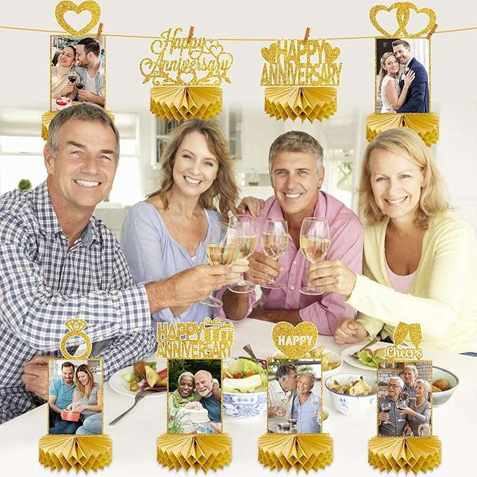 8Pcs Gold Happy Wedding Anniversary Decorations Honeycomb Centerpiece, Gold Glitter Anniversary Photo Table Centerpiece Party Supplies, 25th 30th 40th 50th 60th Gold Anniversary Table Topper