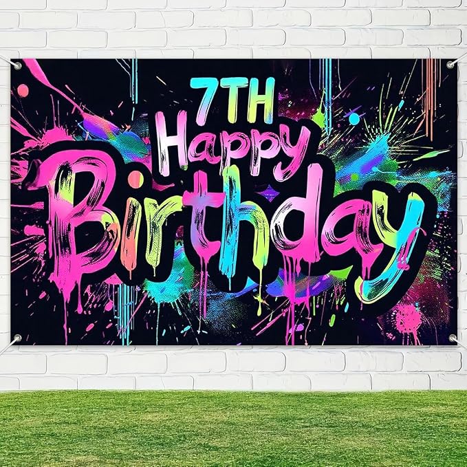 Neon 7th Happy Birthday Banner 71x43 Inch Paint Splatter Glow in The Dark Party Backdrop Colorful Wall Decor for Kids Boys Girls Seventh Birthday Celebrations Photo Booth Props Event