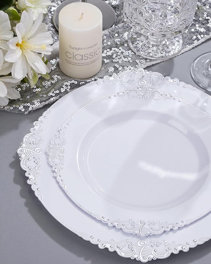Nervure 350PCS Silver Plastic Plates - Silver Plastic Dinnerware Sets for 50 Guests - 100 Disposable Plates, 150 Silverware, 50 Cups, 50 Napkins for Wedding & Party