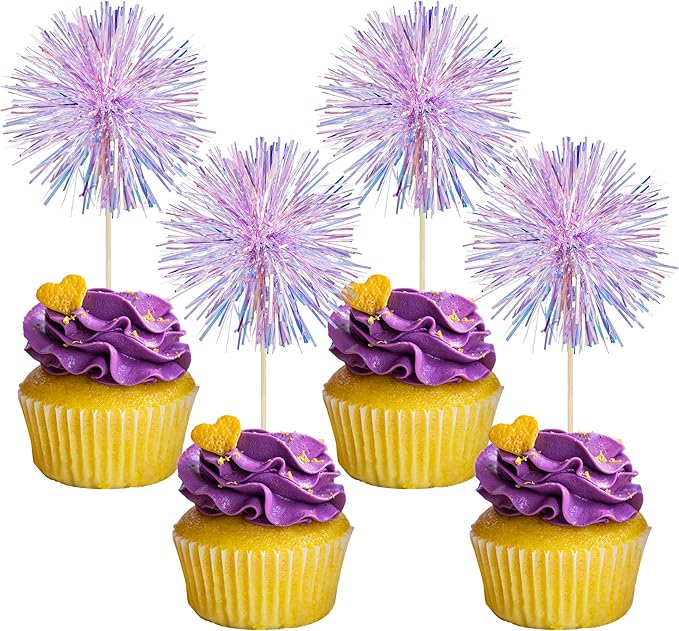 Gyufise 30Pcs Foil Firework Cupcake Toppers Sparkle Tinsel Cake Toppers Tinsel Drink Cake Decoration Cocktail Picks for Birthday Wedding Graduation Party Supplies Laser Purple