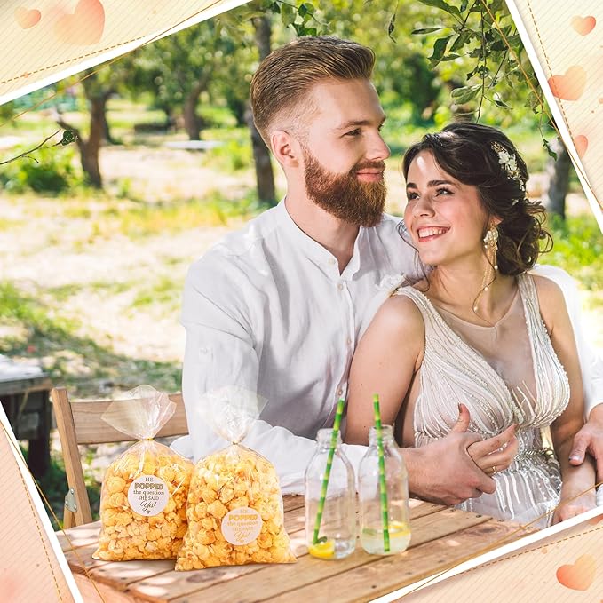 AIOMOB 50 Pack He Popped the Question Popcorn Bags Engagement Party Favors Decorations She Said Yes Sticker Clear Popcorn Favor Bags for Engagement Party Bridal Shower Wedding Supplies
