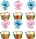 Gyufise 30Pcs Foil Firework Cupcake Toppers Sparkle Tinsel Cake Toppers Tinsel Drink Cake Decoration Cocktail Picks for Birthday Wedding Graduation Party Supplies Light Blue Pink