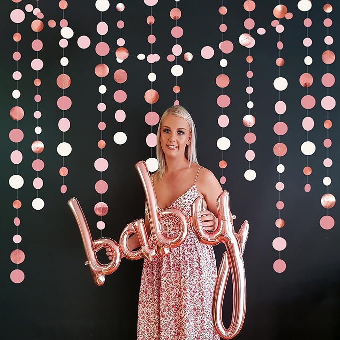 Rose Gold Party Decorations Dusty Pink Circle Dots Garland Blush Pink Hanging Paper Polka Dot Streamer for Birthday Wedding Bridal Shower Bachelorette Engagement Baby Shower Anniversary Party Supplies