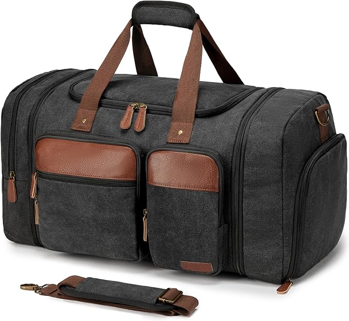 Canvas Duffle Bag for Travel 50L Expandable Travel Duffel Bags for Men Women Overnight Weekend Gym Bag with Shoes Compartment - Dark Grey