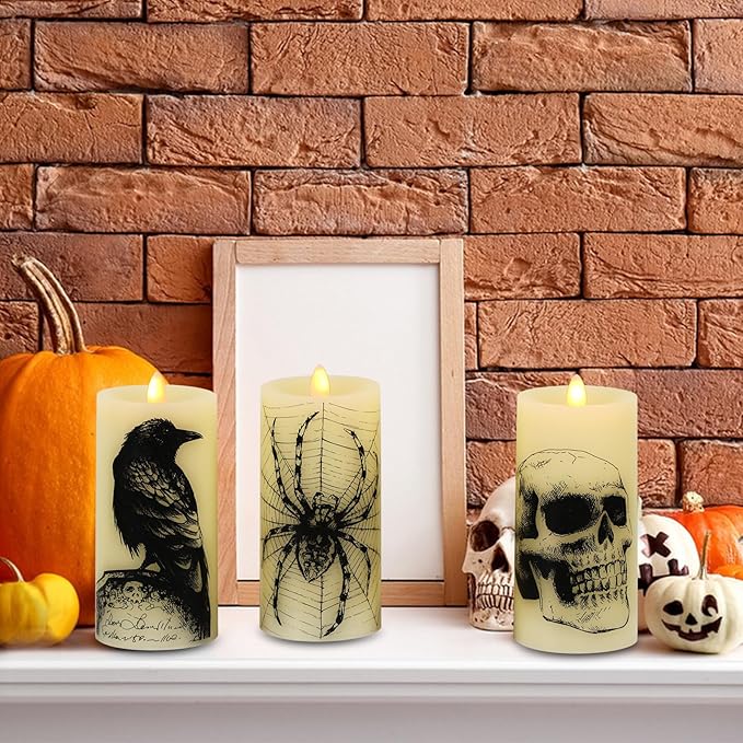 Eldnacele Halloween Flickering Candles with Skull, Spider Web, Crow, Raven Decals, Set of 3 Flat Wick Battery Operated Halloween Themed LED Candles with Remote Timer Spooky Decor