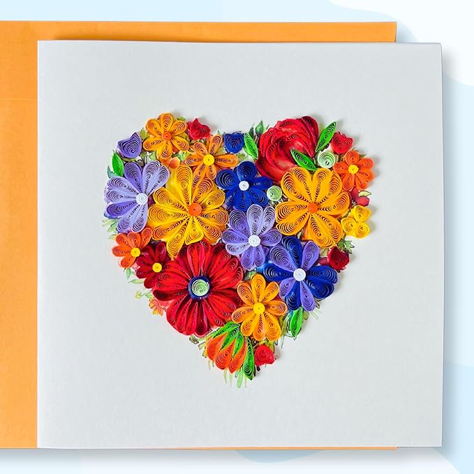 Quilling Cards, handmade card, quilled cards with Handmade Art for all occasions: quilling birthday card for women, Birthday card, mother... colorful heart design (Colorful flowers)