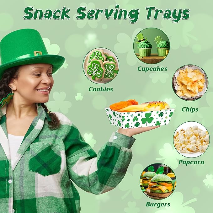 50 Pcs St. Patricks Day Decorations, Paper St. Patricks Day Food Trays, Disposable Shamrock Platters Green Snack Serving Trays, St Patrick's Party Supplies Irish Decor for Irish Bar Family Gatherings