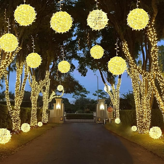 Outdoor Christmas Balls Lights Tree Lights Waterproof, 4 Pack 7.87" LED Hanging Globe Sphere Lights with 8 Lighting Modes Memory Timer Plug for Party Wedding Xmas Porch Patio Garden Yard Decorations
