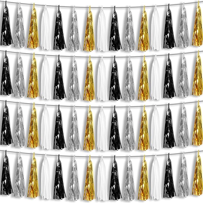 4P Black Gold Silver Foil Fringe Metallic Tassel Garland, Tassels Banner Streamers for Parade Floats, Bachelorette, Wedding, Birthday, Halloween, Christmas, Bridal/Baby Shower Party Decorations