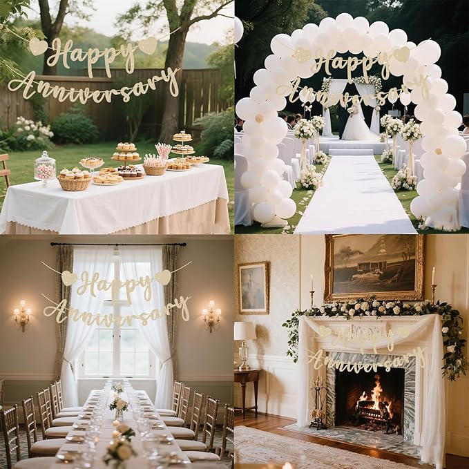 Happy Anniversary Banner, Pre-Strung Gold Glitter Wedding Anniversary Decorations Romantic, Couples Shower Decorations Banner For Happy Wedding Reception Day Bridal Shower Party