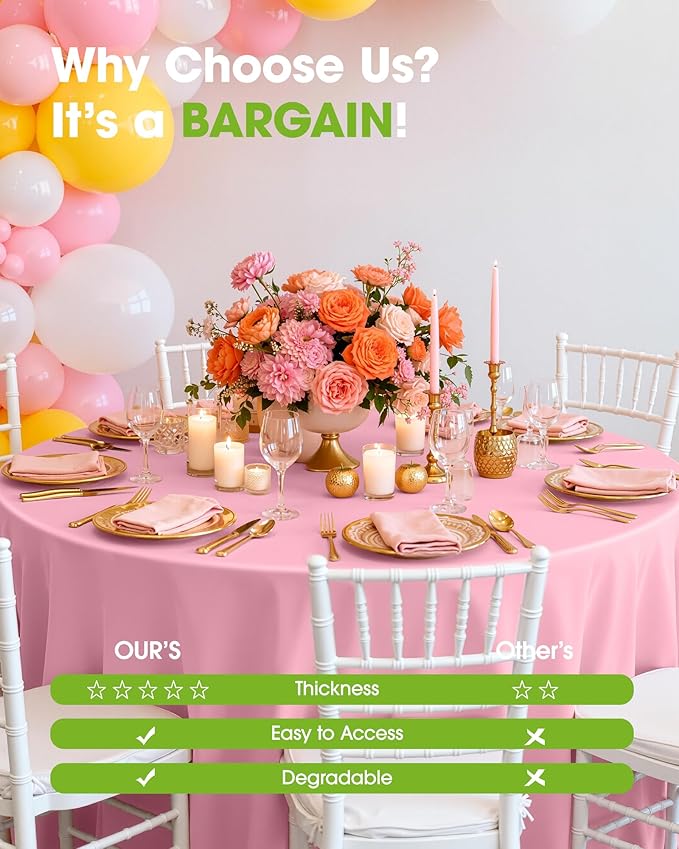 Pureegg Plastic Table Cloth Disposable 8 Pack, 84'' Round Table Cloths, Easter Party, Valentines, Mothers Day Decorations, Tablecloths, Round, Pastel Plastic Cover, Leakproof & Sturdy, Pink