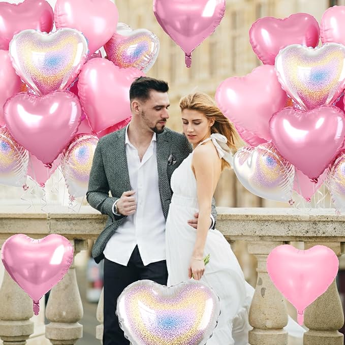Pink and Silver Heart Balloons, 10 Pcs Pink Laser Silver Heart Shaped Balloon, 18 Inch Metallic Glitter Stars Foil Balloons for Girls Women Princess Brithday Baby Shower Valentines Party Decorations