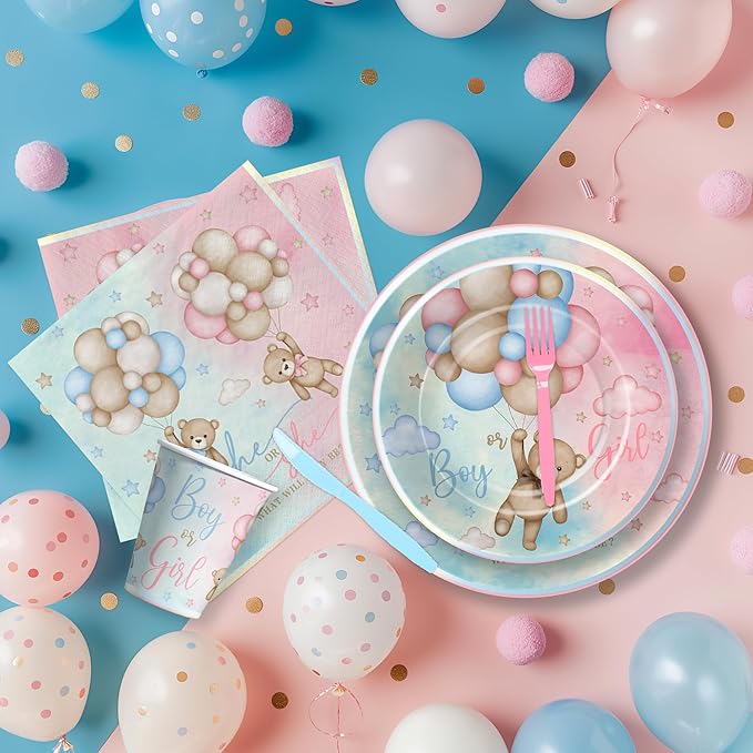 Bear Gender Reveal Decorations Party Tableware - Bear Boy Or Girl Gender Reveal Supplies, Paper Plate, Cup, Napkin, Disposable Fork, He Or She Gender Reveal Table Decorations | Serve 24